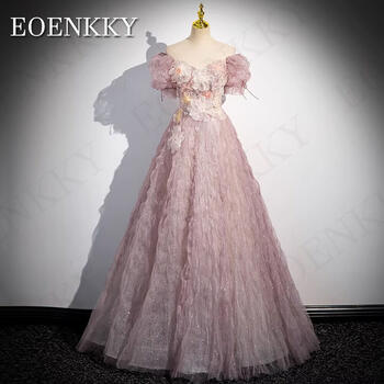 Elegant Puff Sleeves Pink Prom Dresses 2024 3D Flowers Glitter Wedding Guest Dress Floor Length robes de soirée Sweetheart Neck