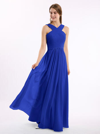 Cross Shoulder Strap Chiffon Bridesmaid Dress With Scoop Sleeveless Wedding Cocktail Dresses With Slit Pleated Evening Gowns