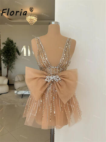 Big Bow Design Stunning Beading Crystal Prom Dress Champagne Tulle A Line Short Cocktail Dresses Graduation Homecoming Mini Robe