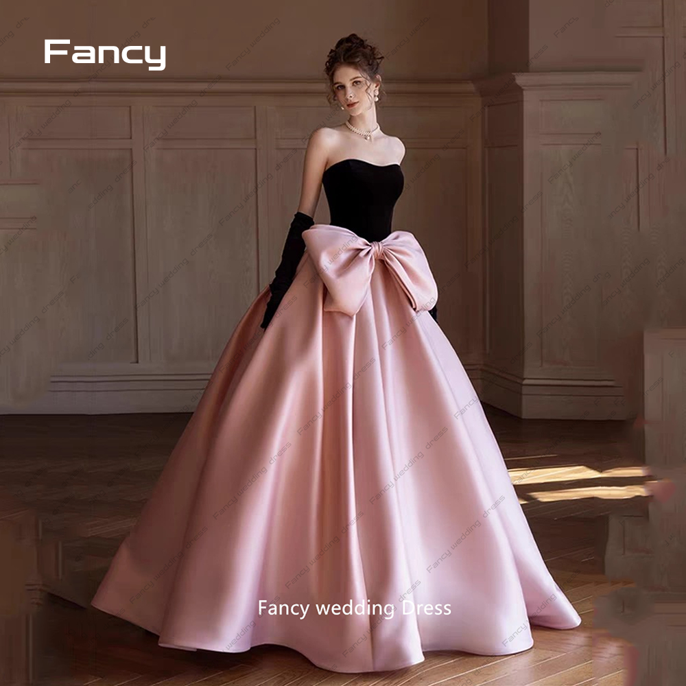 Fancy Pink Evening Dresses A-line Strapless Black Gloves Bow Silk Ribbon Elegant Formal Party Prom Princess Quinceanera Gowns