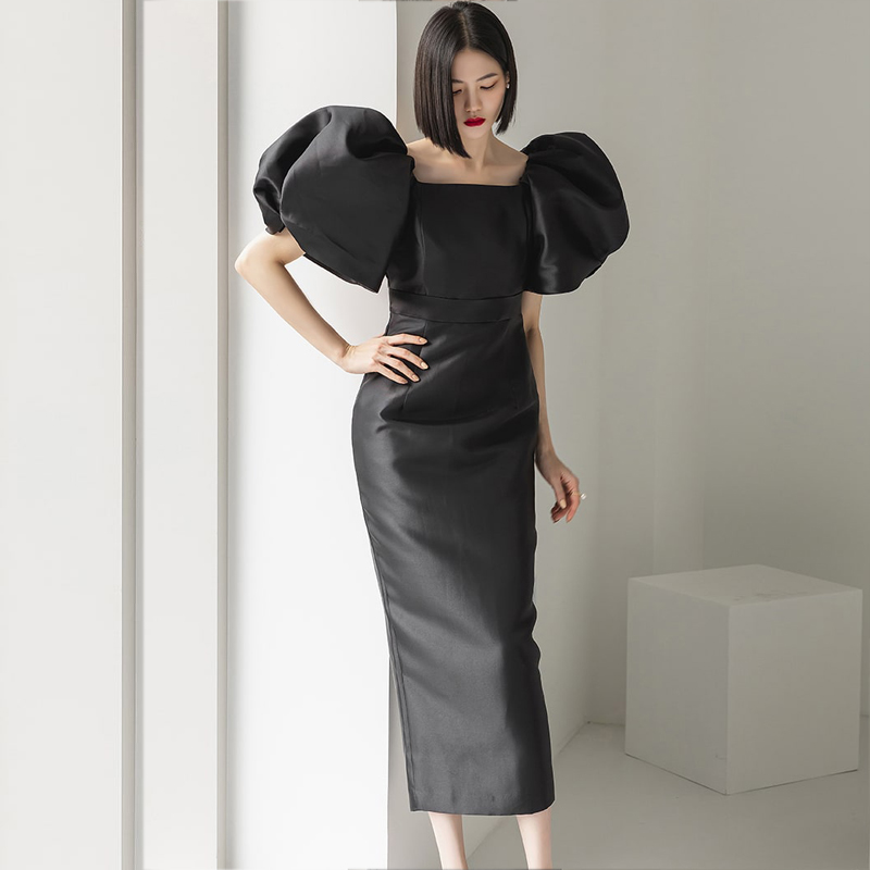 2024 New Summer Women Korean Fashion Chic Elegant Vintage Square Collar Puff Sleeve Paryt Evening Casual Midi Dresses