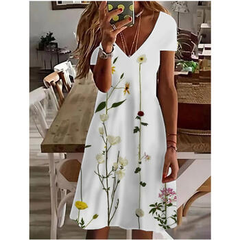 Short sleeved women's midi dress, the latest summer 2024 women's fashion print V-neck sweet and fresh floral dress