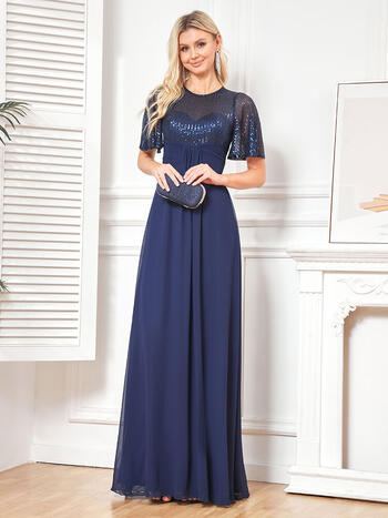 XUIBOL Plus Size Elegant V Neck Blue Sequin Evening Dress Long 2024 Luxury Women Satin Short Sleeves Party Prom Cocktail Dress