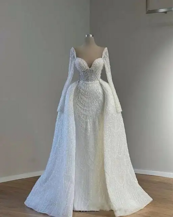 Flavinke White Mermaid Wedding Dresses With Detachable Train Long Sleeves Pearls Wedding Gowns Vestido Blanco Brides Dresses