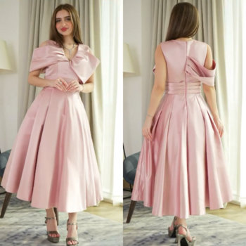 Classic Pastrol Satin Pleat Ruched Draped A-line Off-the-shoulder Midi Dresses Homecoming Dresses High Quality Fashion Casual