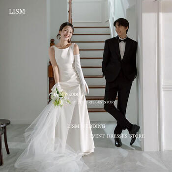 LISM Simple Korea Wedding Dress Photo Shoot Satin O Neck Bridal Gown A Line Floor Length 웨딩드레스 With Sleeve