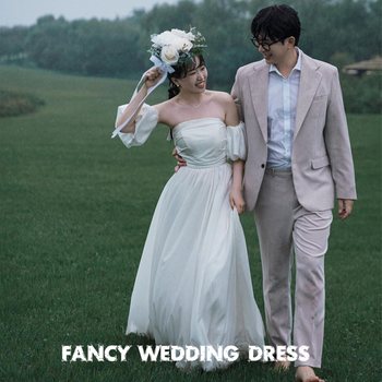 Fancy Simple Strapless Wedding Dress A Line Soft Satin Prom Gown Korea Photo Shoot Remove Sleeve FLoor Length 웨딩드레스 Custom Made