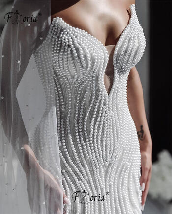 White Dubai Heavy Pearls Beads Wedding Dresses with Detachable Train Handmade Full Beading Mermaid Brides Dress Robe De Mariee
