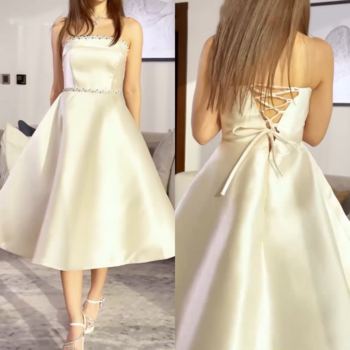 Fashion Satin Rhinestone Pleat Ruched Draped A-line Strapless Midi Dresses Homecoming Dresses High Quality Pastrol Classic