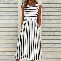 Fashion Elegant Striped Printed O-Neck Sleeveless Midi Dress Summer Beach Wear Casual Sexy Skinny Robes Long Dresses 2024