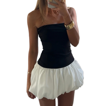 Women Strapless Bubble Mini Dress 2024 Summer Fashion Solid Backless Sleeveless Bandeau Puff Bubble Party Dress for Cocktail