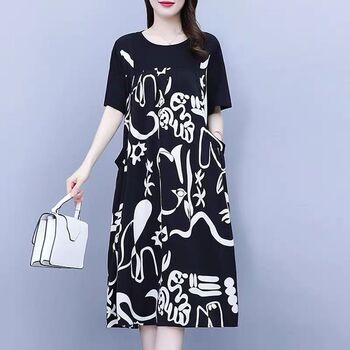 Elegant Fashion Harajuku Slim Fit Female Clothes Loose Casual All Match A-line Skirt Patchwork Printed Short Sleeve Dresses
