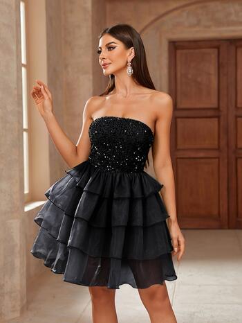 Elegant Sequined Tulle Splicing Prom Dresses Strapless Tiered Short Homecoming Dress Backless Layered Ball Gown For Party