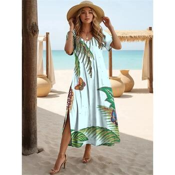2024 Hawaiian Women's Dresses Coconut Tree Print Midi Dresses Vacation Female Short Sleeve Dress Fashion Summer V-Neck Design