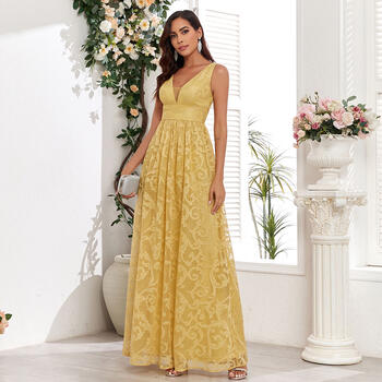 Women Elegant Lace V-Neck Evening Dress A-line Yellow Prom Dresses Long Birthday Party Dress