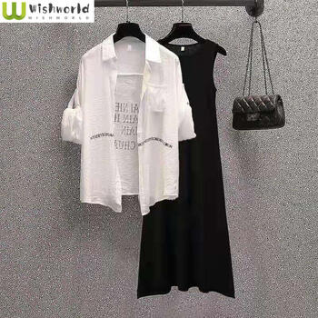 Spring/Summer Women's Set Korean Chiffon Sunscreen Shirt Top+Black Suspender Dress Age Reducing Two Piece Set