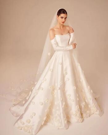 Elegant Wedding Dress Strapless Detachable Sleeves A-Line Plain Pure Satin with Flowers Appliques  Bridal Gown Vestidos de novia
