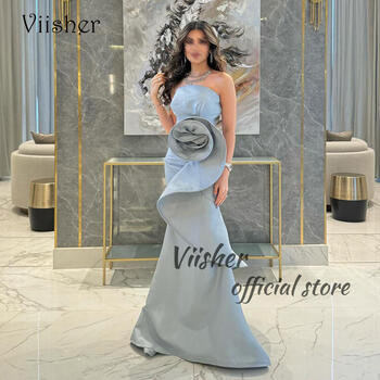 Viisher Gray Mermaid Evening Dresses for Women Strapless Arabian Dubai Formal Occasion Dress with Train Long Evening Party Gowns