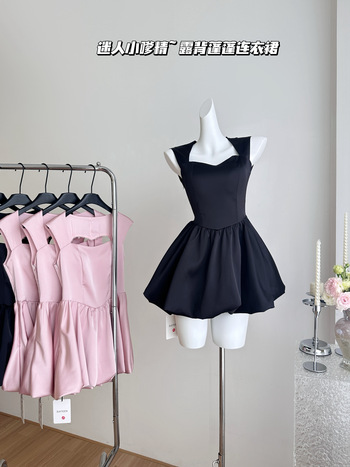 Women's Black A-line Mini Dress Y2k Vintage Off Shoulder Sleeveless Dresses Vintage Elegant One Piece Frocks Clothes Summer 2024