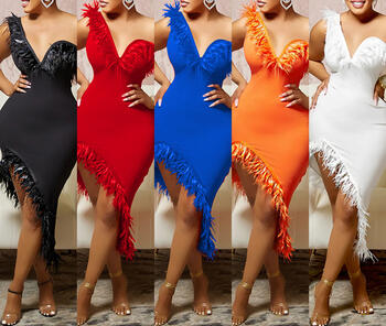 Puss Elegant Irregular Dress Women One Shoulder Summer Feather Evening Dress Maxi Bodycon Birthday Party Dresses Clubwear HXY21