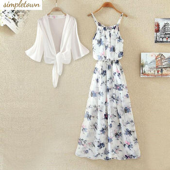 Spring/Summer French New Chiffon Beach Skirt Loose Skirt Bohemian Floral Print Strap Dress Two-piece Set Trendy