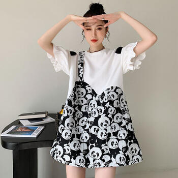 Fashion O-Neck Printed Spliced Fake Two Pieces Midi Dress Female Clothing 2024 Summer New Loose Butterfly Sleeve Casual Dress