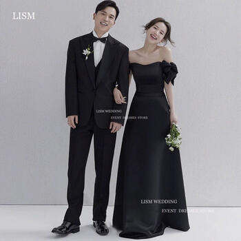 LISM Simple Black Wedding Dress Korea Photo Shoot Off Shoulder A Line Bridal Gown Soft Satin Floor Length Robe De Mariage