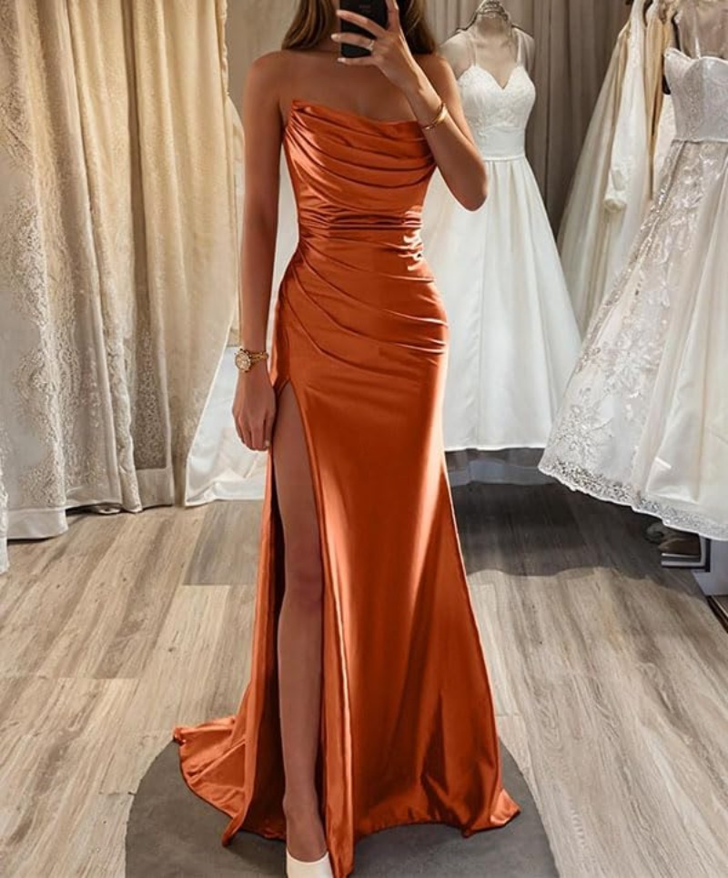 Women's Silk Satin Bridesmaid Dresses for Wedding Long Mermaid Formal Evening Gown with Slit 2024 Spring Party Dress Vestido