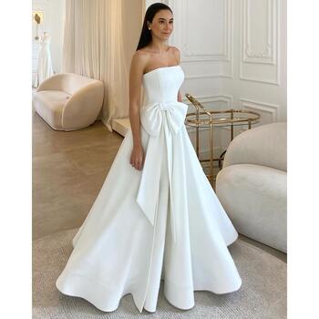 Elegant Wedding Dress Strapless Bow Pleat Split Floor Length Sweep Train A-Line Gown Formal Occasion Women Long Dresses Vestidos