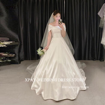 XPAY Korea Soft Satin Wedding Dresses Off Shoulder Sweep Train Bridal Gowns Court Train Wedding Gowns Veil Long Free Zip/Corset