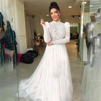 Luxury Arab Muslim Wedding Dress High Neck Long Sleeves A-Line Lace Dubai Islam Bridal Gown Princess Prom Dress Vestidos de novi