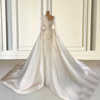 Real Pictures Satin Wedding Dresses Dubai 2024 Bride Luxury Pearls Beads Long Sleeves African Bridal Gowns Plus Size Custom Made