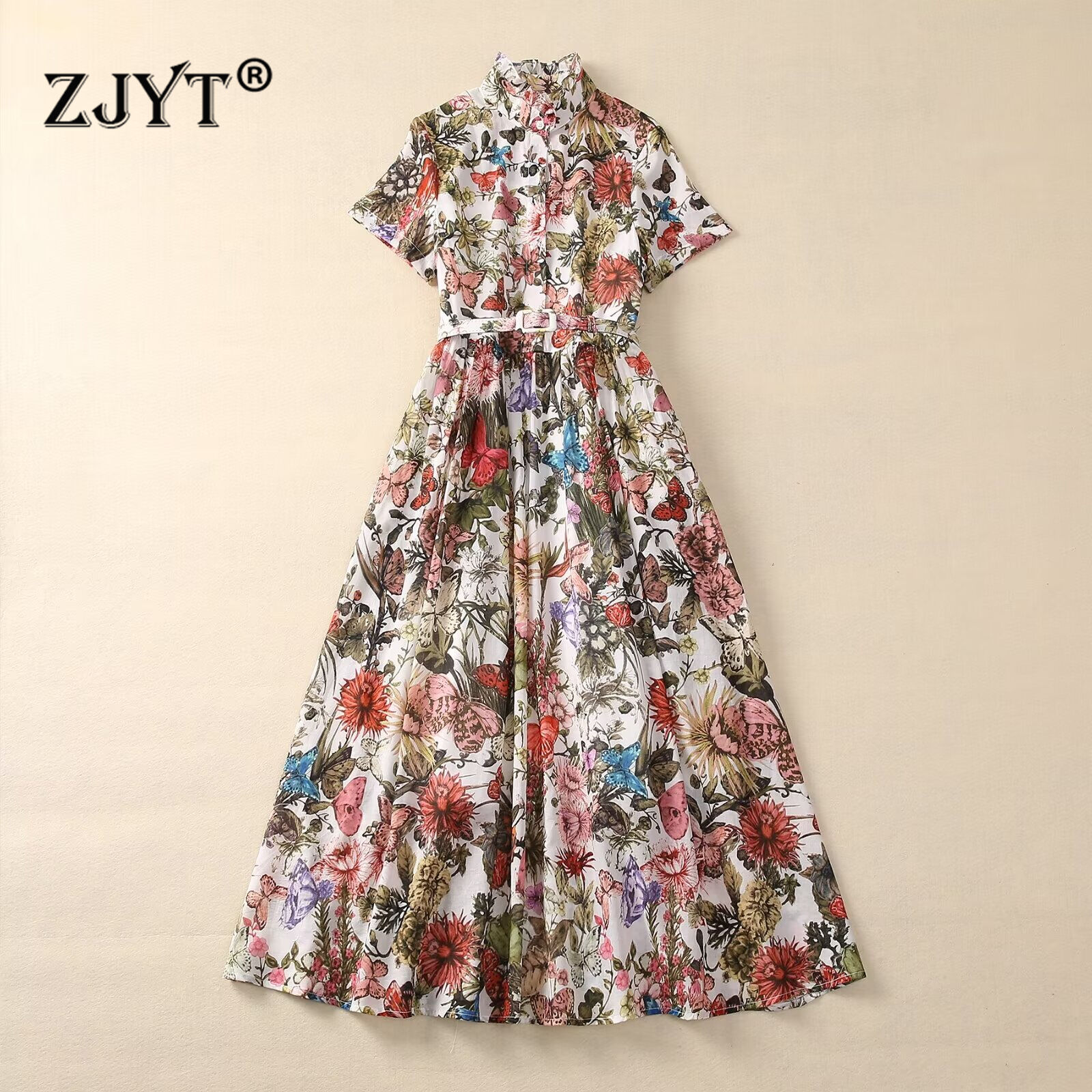 ZJYT Women's Floral Print 100% Cotton Shirt Dress Summer Runway Ruffled Collar Vintge Midi Casual Dress Holiday Party Vestidos