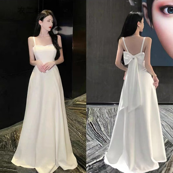 Korea White Satin Bowtie Long Evening Party Gown Women Pretty & Elegant Draped Sleeveless Floor-length Formal Wedding Dress
