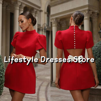 2024 New Red Crepe Cocktail Dresses Short Sleeves Bow Buttons Vintage Evening Dresses Formal Party vestidos de festa