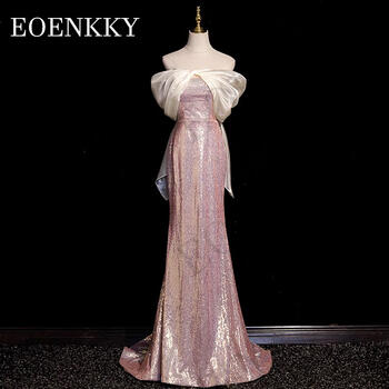 Pink Sequined Mermaid Evening Dresses Woman Elegant Off The Shoulder Backless Wedding Party Dress Sweep Train vestidos de noche