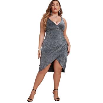 Plus Size PYL Womens V Neck Sequin Slip Bodycon Dresses Ladies Slim Fit Pleated Wedding Party Gown Cocktail Sundress NEW