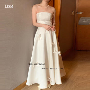 LISM Simple Bowknot A Line Korea Wedding Dresses Strapless Soft Satin Lace Up Back Bridal Gowns Formal Party Dress
