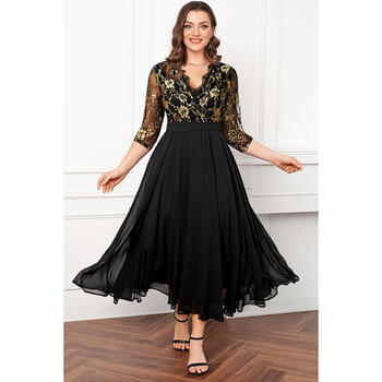 Plus size dress formal black lace splicing hot stamping print V-neck belted loose elegant long-sleeved casual dress