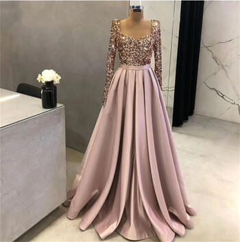 New Arab Formal Evening Dress For Women Sequin V-Neck Long Sleeves A-Line Satin Prom Dress Floor-Length Wedding Party Dress