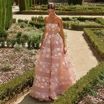 Luxury Strapless Sleeveless Floral Prom Dresses Fashion Sequins Flowers A-Line Gowns Gorgeous Floor Length Evening Party Dresses