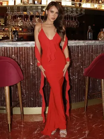 Women's Elegant Deep V-neck Bandage Backless Formal Occasion Dress Red Black Sleeveless Flower Folds Long Evening Party Dresses