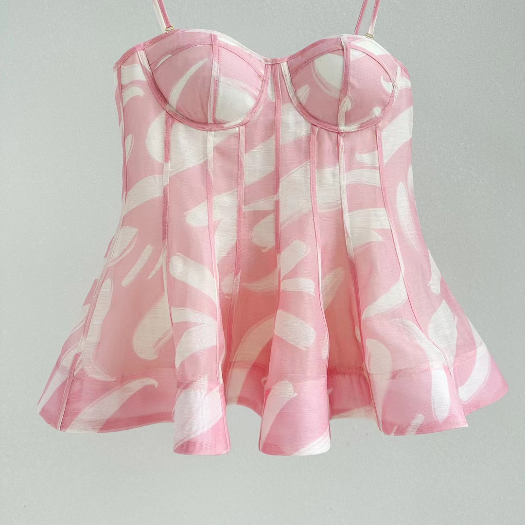 New niche women's printed strapless linen silk suspender dress