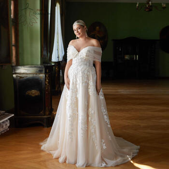 Elegant Off Shoulder Wedding Dresses Plus Size Sweetheart Neck Bride Gowns Appliques Floor Length A-Line Tulle Vestido De Noiva