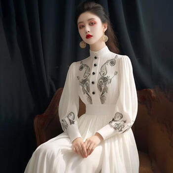 French Print Long Dress Women's 2024 New Spring Summer Formal Occasion Banquet Dresses Female Fashion Slim Long Sleeve Dress