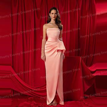 Simple Strapless Evening Dresses Woman's Mermaid Sexy Sleeveless Prom Growns Backless High Split Satin Celebrity Party Vestidos