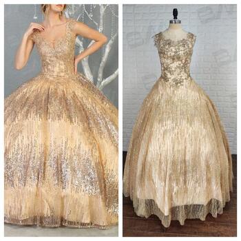 Shiny Gold O-neck Birthday Quinceanera Ball Gown Lace-Up Tie Prom Dress Beading Floor-length Evening Gown Custom Made