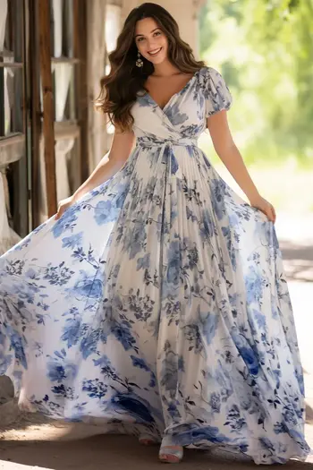 Plus Size Women's Dress for Summer Casual Chiffon Floral Print Puff Sleeve V-Neck Boho High Waist Elegant Evening Maxi Dres