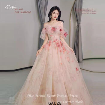 Giyu Fairy Tulle A Line Korea Evening Dresses Wedding Photoshoot Off Shoulder Printed Prom Gown Formal Party Corset Back