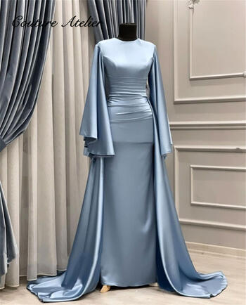 Dubai Arabic Blue Cape Sleeve Evening Gown For Elegant Party With Train Mermaid Bespoke Occasion Dresses Cocktail Dresse vestido